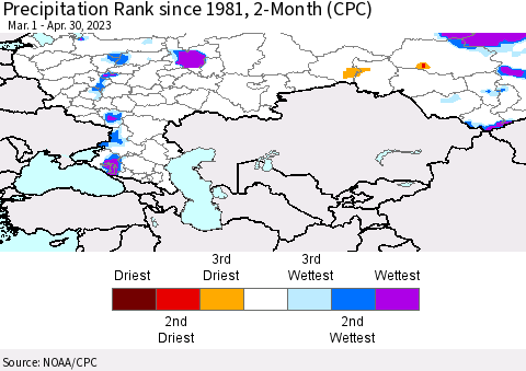 Russian Federation Precipitation Rank since 1981, 2-Month (CPC) Thematic Map For 3/1/2023 - 4/30/2023