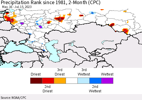 Russian Federation Precipitation Rank since 1981, 2-Month (CPC) Thematic Map For 5/16/2023 - 7/15/2023