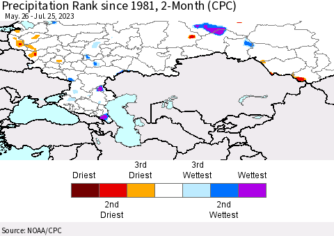 Russian Federation Precipitation Rank since 1981, 2-Month (CPC) Thematic Map For 5/26/2023 - 7/25/2023