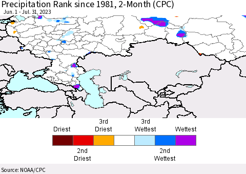 Russian Federation Precipitation Rank since 1981, 2-Month (CPC) Thematic Map For 6/1/2023 - 7/31/2023