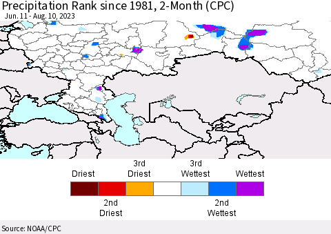 Russian Federation Precipitation Rank since 1981, 2-Month (CPC) Thematic Map For 6/11/2023 - 8/10/2023