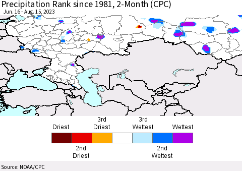 Russian Federation Precipitation Rank since 1981, 2-Month (CPC) Thematic Map For 6/16/2023 - 8/15/2023