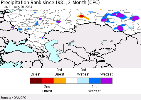 Russian Federation Precipitation Rank since 1981, 2-Month (CPC) Thematic Map For 6/21/2023 - 8/20/2023
