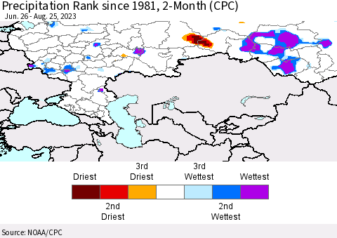 Russian Federation Precipitation Rank since 1981, 2-Month (CPC) Thematic Map For 6/26/2023 - 8/25/2023