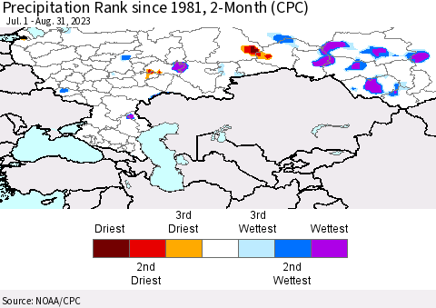 Russian Federation Precipitation Rank since 1981, 2-Month (CPC) Thematic Map For 7/1/2023 - 8/31/2023