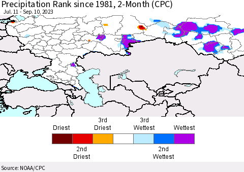 Russian Federation Precipitation Rank since 1981, 2-Month (CPC) Thematic Map For 7/11/2023 - 9/10/2023