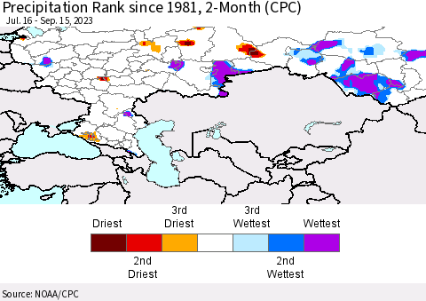 Russian Federation Precipitation Rank since 1981, 2-Month (CPC) Thematic Map For 7/16/2023 - 9/15/2023