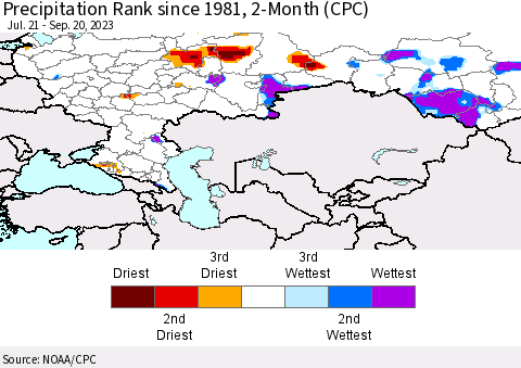 Russian Federation Precipitation Rank since 1981, 2-Month (CPC) Thematic Map For 7/21/2023 - 9/20/2023