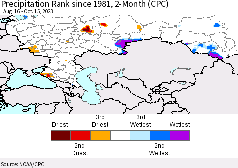 Russian Federation Precipitation Rank since 1981, 2-Month (CPC) Thematic Map For 8/16/2023 - 10/15/2023