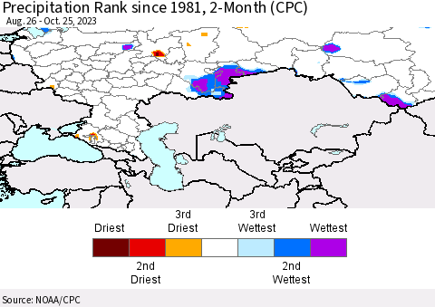 Russian Federation Precipitation Rank since 1981, 2-Month (CPC) Thematic Map For 8/26/2023 - 10/25/2023