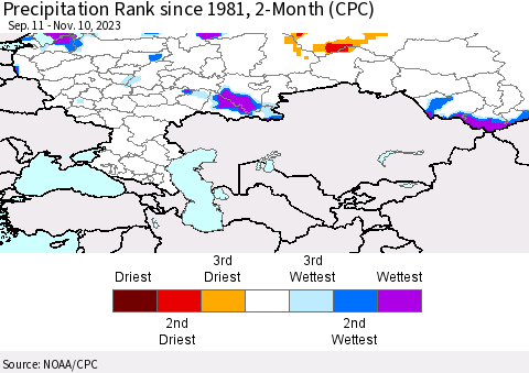 Russian Federation Precipitation Rank since 1981, 2-Month (CPC) Thematic Map For 9/11/2023 - 11/10/2023