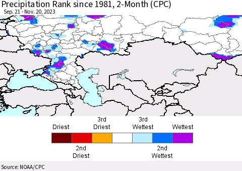 Russian Federation Precipitation Rank since 1981, 2-Month (CPC) Thematic Map For 9/21/2023 - 11/20/2023
