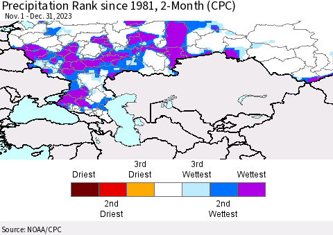 Russian Federation Precipitation Rank since 1981, 2-Month (CPC) Thematic Map For 11/1/2023 - 12/31/2023