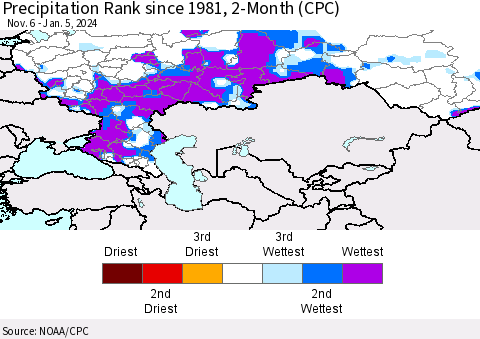 Russian Federation Precipitation Rank since 1981, 2-Month (CPC) Thematic Map For 11/6/2023 - 1/5/2024