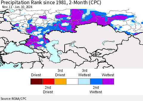 Russian Federation Precipitation Rank since 1981, 2-Month (CPC) Thematic Map For 11/11/2023 - 1/10/2024