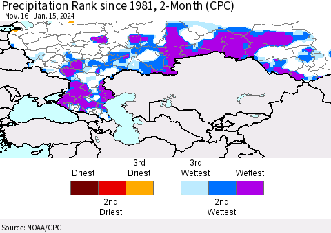Russian Federation Precipitation Rank since 1981, 2-Month (CPC) Thematic Map For 11/16/2023 - 1/15/2024