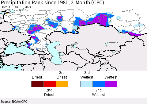 Russian Federation Precipitation Rank since 1981, 2-Month (CPC) Thematic Map For 12/1/2023 - 1/31/2024