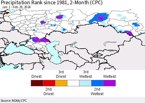 Russian Federation Precipitation Rank since 1981, 2-Month (CPC) Thematic Map For 1/1/2024 - 2/29/2024