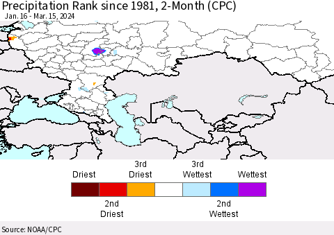 Russian Federation Precipitation Rank since 1981, 2-Month (CPC) Thematic Map For 1/16/2024 - 3/15/2024