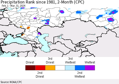 Russian Federation Precipitation Rank since 1981, 2-Month (CPC) Thematic Map For 2/1/2024 - 3/31/2024