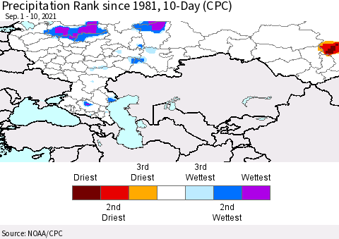 Russian Federation Precipitation Rank since 1981, 10-Day (CPC) Thematic Map For 9/1/2021 - 9/10/2021