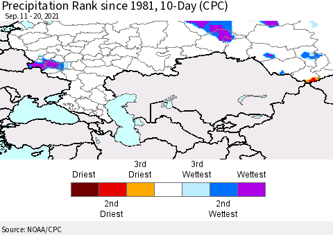 Russian Federation Precipitation Rank since 1981, 10-Day (CPC) Thematic Map For 9/11/2021 - 9/20/2021
