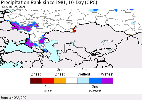 Russian Federation Precipitation Rank since 1981, 10-Day (CPC) Thematic Map For 9/16/2021 - 9/25/2021