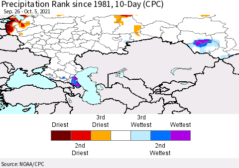Russian Federation Precipitation Rank since 1981, 10-Day (CPC) Thematic Map For 9/26/2021 - 10/5/2021
