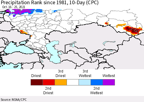 Russian Federation Precipitation Rank since 1981, 10-Day (CPC) Thematic Map For 10/16/2021 - 10/25/2021