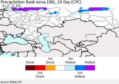 Russian Federation Precipitation Rank since 1981, 10-Day (CPC) Thematic Map For 10/21/2021 - 10/31/2021