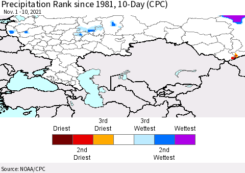 Russian Federation Precipitation Rank since 1981, 10-Day (CPC) Thematic Map For 11/1/2021 - 11/10/2021