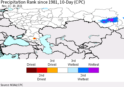 Russian Federation Precipitation Rank since 1981, 10-Day (CPC) Thematic Map For 11/11/2021 - 11/20/2021