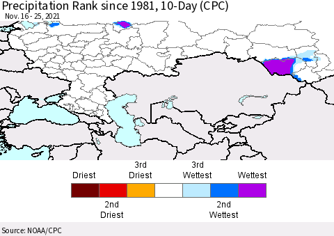 Russian Federation Precipitation Rank since 1981, 10-Day (CPC) Thematic Map For 11/16/2021 - 11/25/2021