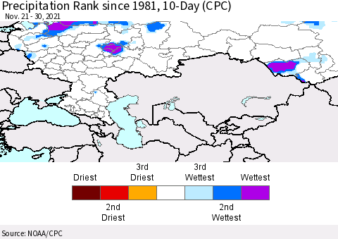 Russian Federation Precipitation Rank since 1981, 10-Day (CPC) Thematic Map For 11/21/2021 - 11/30/2021