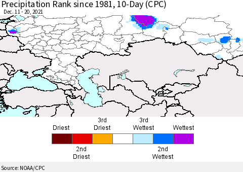 Russian Federation Precipitation Rank since 1981, 10-Day (CPC) Thematic Map For 12/11/2021 - 12/20/2021