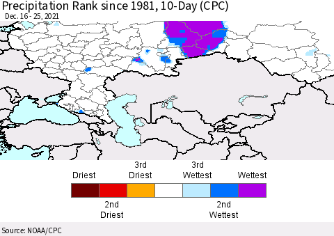 Russian Federation Precipitation Rank since 1981, 10-Day (CPC) Thematic Map For 12/16/2021 - 12/25/2021