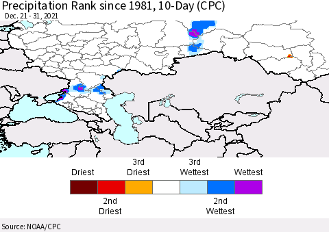 Russian Federation Precipitation Rank since 1981, 10-Day (CPC) Thematic Map For 12/21/2021 - 12/31/2021