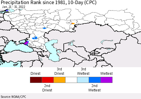 Russian Federation Precipitation Rank since 1981, 10-Day (CPC) Thematic Map For 1/21/2022 - 1/31/2022