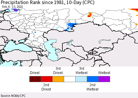 Russian Federation Precipitation Rank since 1981, 10-Day (CPC) Thematic Map For 2/6/2022 - 2/15/2022