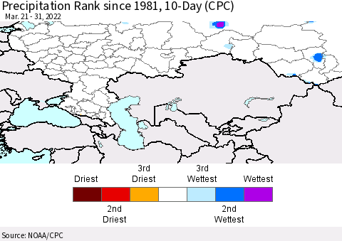 Russian Federation Precipitation Rank since 1981, 10-Day (CPC) Thematic Map For 3/21/2022 - 3/31/2022