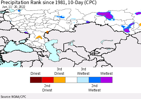 Russian Federation Precipitation Rank since 1981, 10-Day (CPC) Thematic Map For 6/11/2022 - 6/20/2022