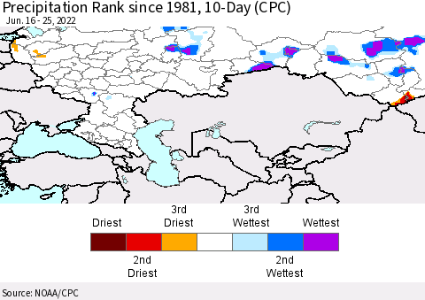 Russian Federation Precipitation Rank since 1981, 10-Day (CPC) Thematic Map For 6/16/2022 - 6/25/2022