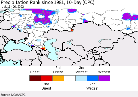 Russian Federation Precipitation Rank since 1981, 10-Day (CPC) Thematic Map For 7/11/2022 - 7/20/2022