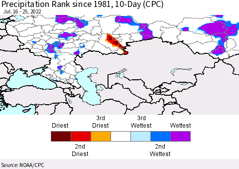 Russian Federation Precipitation Rank since 1981, 10-Day (CPC) Thematic Map For 7/16/2022 - 7/25/2022