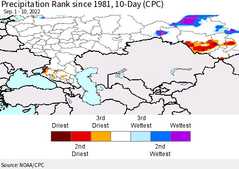 Russian Federation Precipitation Rank since 1981, 10-Day (CPC) Thematic Map For 9/1/2022 - 9/10/2022