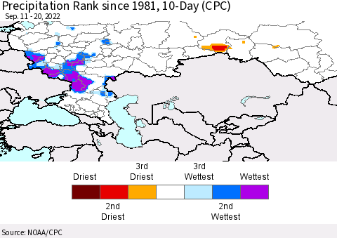 Russian Federation Precipitation Rank since 1981, 10-Day (CPC) Thematic Map For 9/11/2022 - 9/20/2022