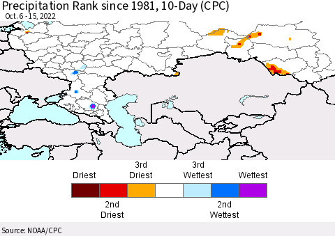 Russian Federation Precipitation Rank since 1981, 10-Day (CPC) Thematic Map For 10/6/2022 - 10/15/2022