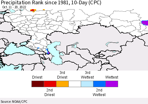 Russian Federation Precipitation Rank since 1981, 10-Day (CPC) Thematic Map For 10/11/2022 - 10/20/2022