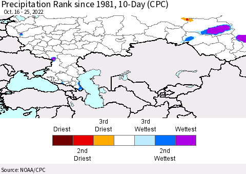 Russian Federation Precipitation Rank since 1981, 10-Day (CPC) Thematic Map For 10/16/2022 - 10/25/2022