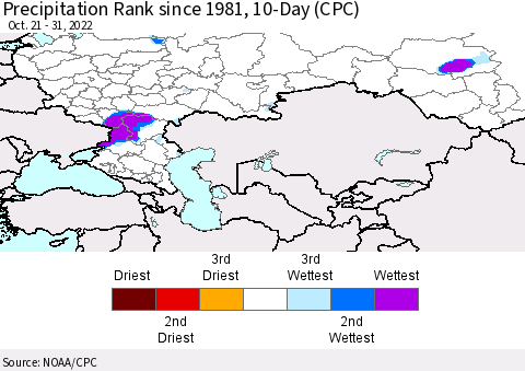 Russian Federation Precipitation Rank since 1981, 10-Day (CPC) Thematic Map For 10/21/2022 - 10/31/2022